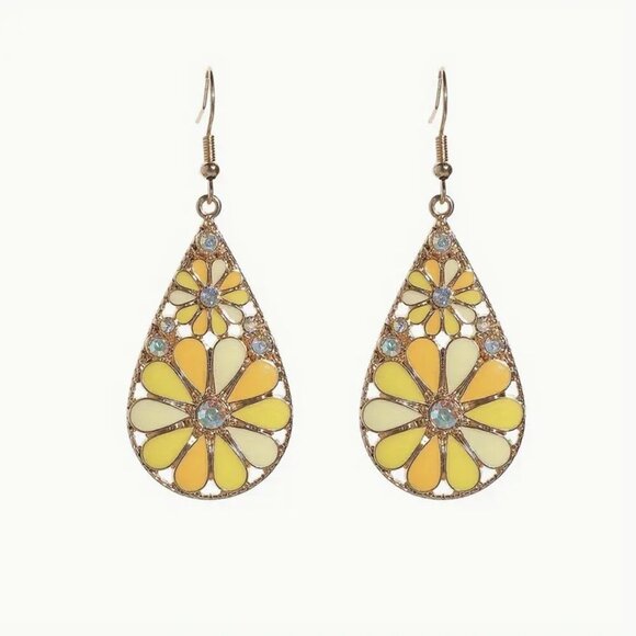 Mosaic Flower Dangle Earrings Boho Glass Rhinestone Floral Statement NWT - Picture 1 of 8